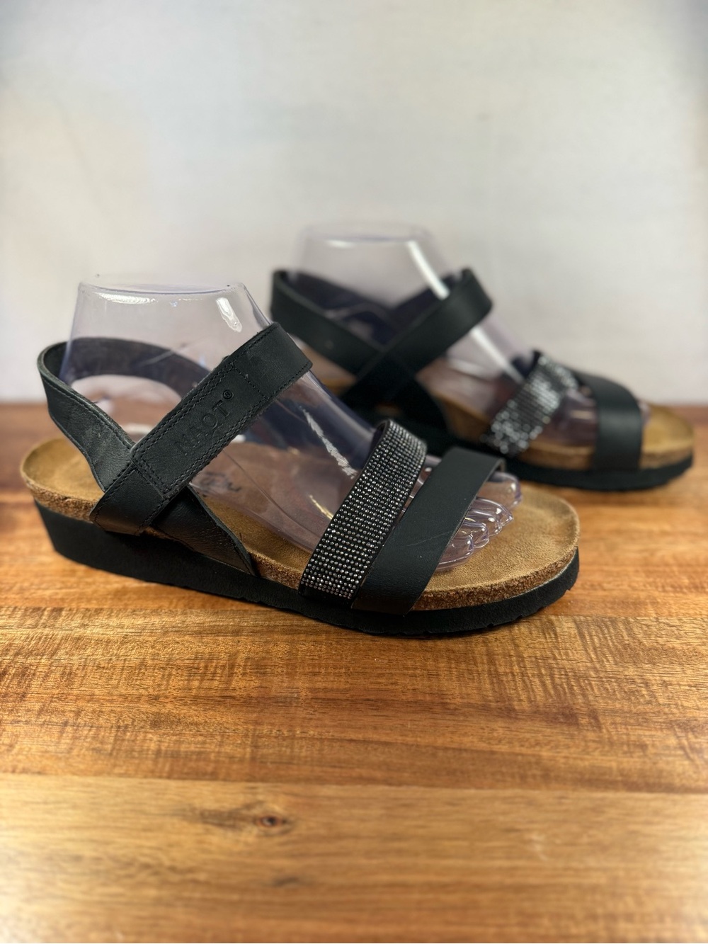 Naot Krista Sandal in Black Leather with Rhinestone Accents Size 40 (US 9-9.5)